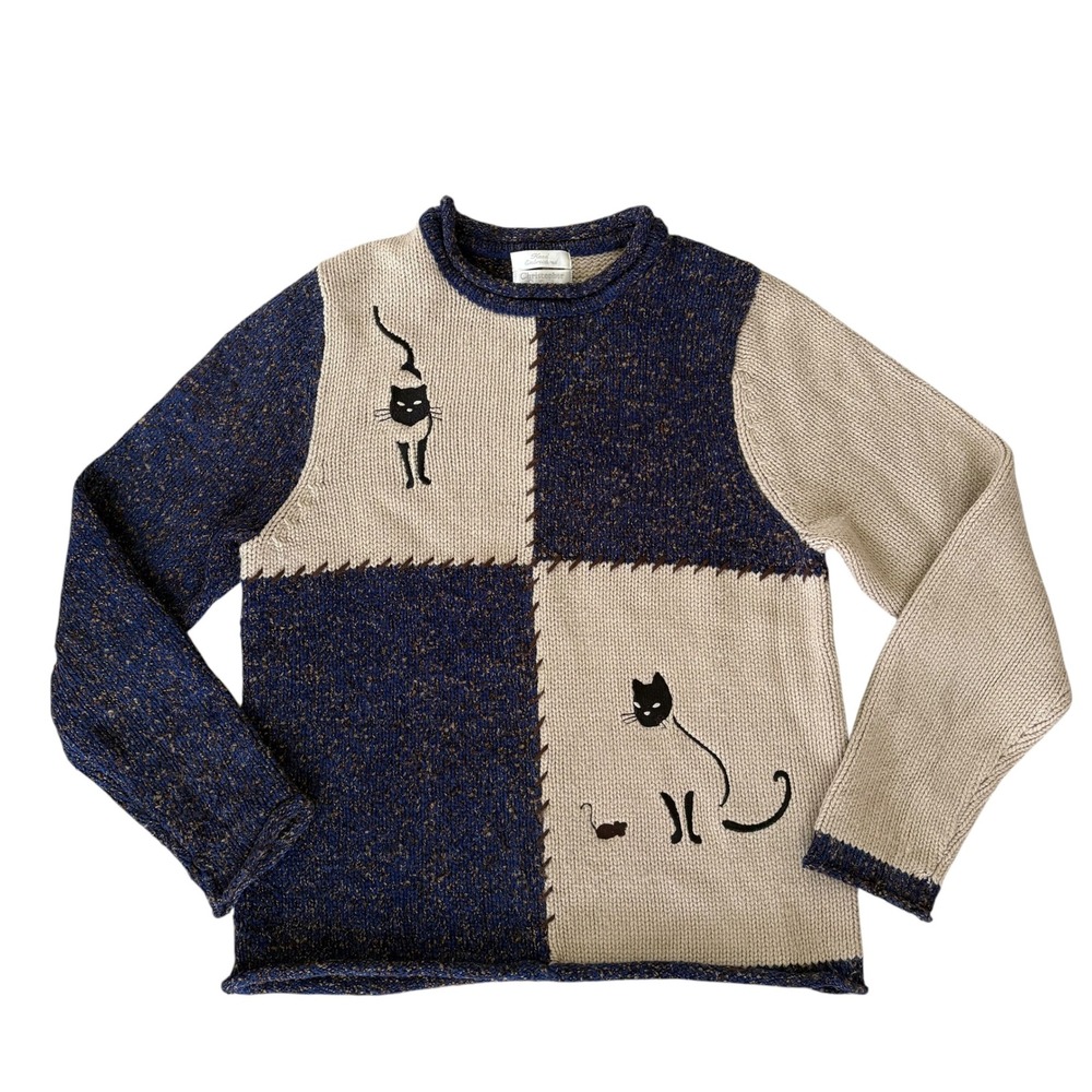 Christopher & Banks Y2K Cat Sweater Colorblock Hand Embroidered Knit L Whimsical